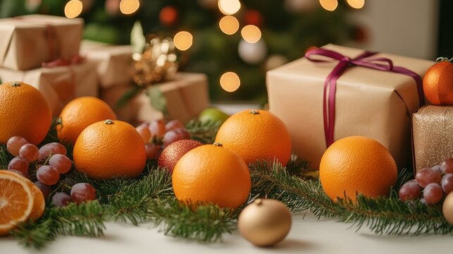 Fresh oranges arranged in a wooden bowl surrounded by festive decorations and gifts, creating a warm holiday atmosphere with vibrant colors - Powered by Adobe