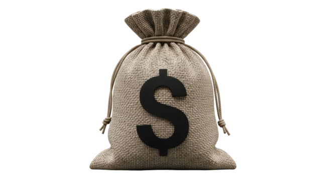 Money bag with dollar sign isolated PNG, burlap sack full of cash for finance, savings, investment and wealth concepts