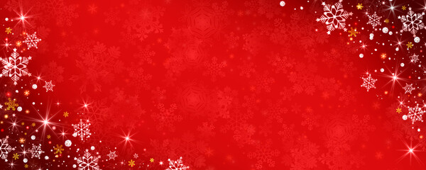 クリスマス　バナー　横長　素材　キラキラ　雪の結晶　枠　ラメ　豪華　おしゃれ　高級感　見出し　タイトル　キャンペーン　Red christmas banner with snowflakes. Merry Christmas and New Year greeting banner.