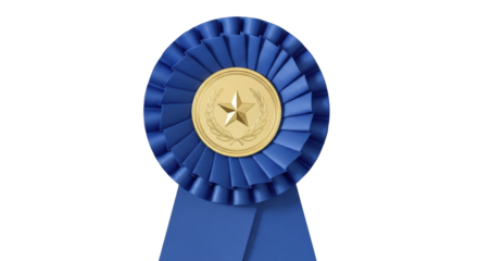 Blue rosette award ribbon PNG isolated on transparent background, prize badge for recognition and achievement