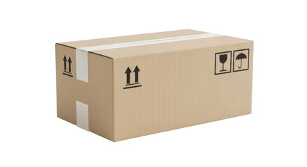 Cardboard box PNG isolated on transparent background, brown container with fragile and handle with care symbols for shipping and storage