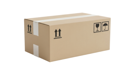 Cardboard box PNG isolated on transparent background, brown container with fragile and handle with care symbols for shipping and storage
