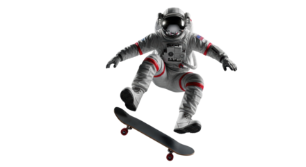 Astronaut doing a skateboard trick isolated PNG, space explorer in spacesuit performing extreme sport on transparent background