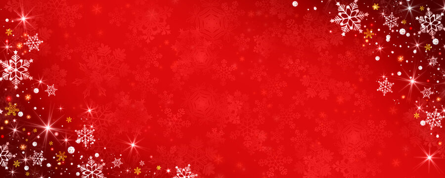 クリスマス　バナー　横長　素材　キラキラ　雪の結晶　枠　ラメ　豪華　おしゃれ　高級感　見出し　タイトル　キャンペーン　Red christmas banner with snowflakes. Merry Christmas and New Year greeting banner.