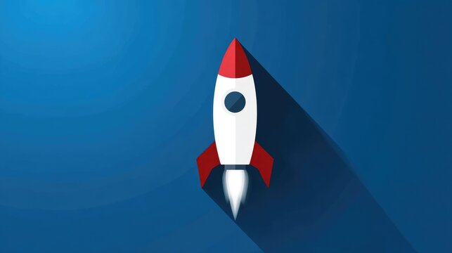 Minimalist Rocket Illustration on Blue Background with Long Shadow