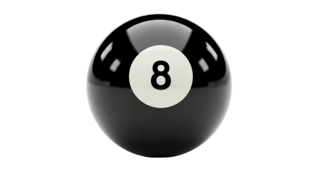 Black eight ball PNG isolated on transparent background, billiards ball for game and sport design, lucky number
