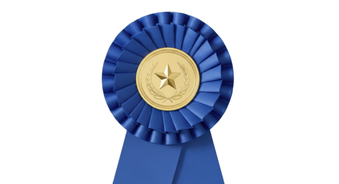 Blue rosette award ribbon PNG isolated on transparent background, prize badge for recognition and achievement