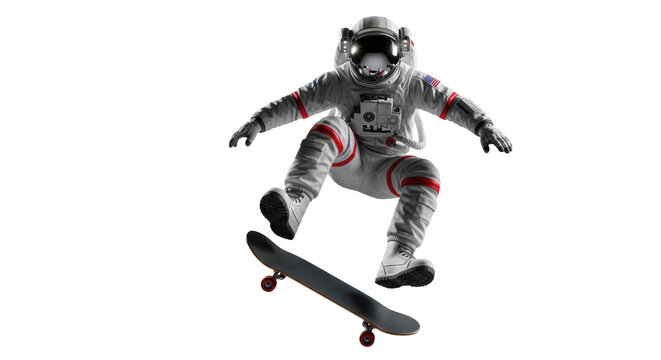 Astronaut doing a skateboard trick isolated PNG, space explorer in spacesuit performing extreme sport on transparent background