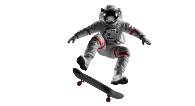 Astronaut doing a skateboard trick isolated PNG, space explorer in spacesuit performing extreme sport on transparent background