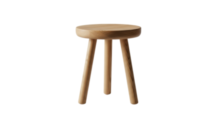 Minimalist wooden stool isolated PNG, round seat three-legged stool on transparent background, modern furniture for home decor and interior design