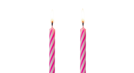 Two pink and white striped birthday candles isolated PNG, festive celebration decoration for party and special occasion