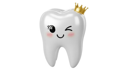 Adorable cartoon tooth with a golden crown isolated PNG, cute dental character with winking eye and rosy cheeks on transparent background