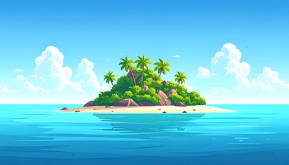 Tropical island oasis with palm trees, serene waters, and fluffy white clouds