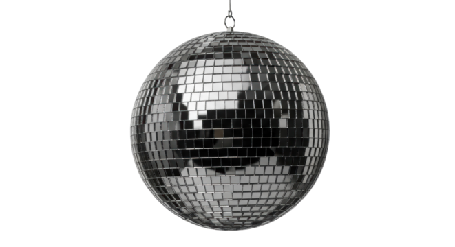 Shiny disco ball PNG isolated on transparent background, retro party decoration for festive events and dance clubs