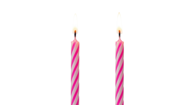 Two pink and white striped birthday candles isolated PNG, festive celebration decoration for party and special occasion