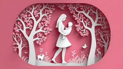 Tender Motherhood in a Pink Paper Cutout Landscape