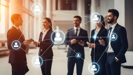 Business team networking with digital connections in modern office