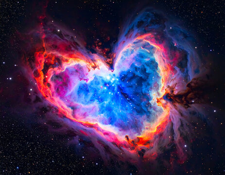Heart shaped nebula forming between two star figures, The ultimate cosmic romance theme