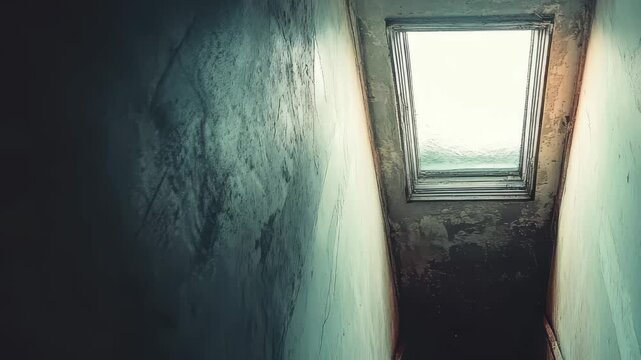 Staircase leading to an illuminated skylight in an abandoned building during twilight