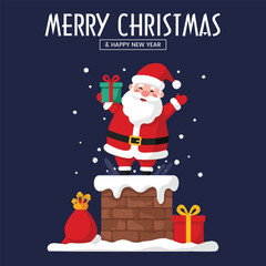 Santa Claus Standing on a Snowy Chimney Holding a Gift, Merry Christmas and Happy New Year Vector Illustration Design Template