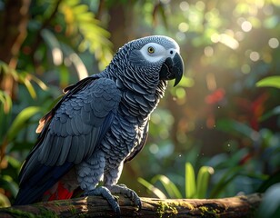 Fototapeta premium A majestic grey parrot perched on a branch in a lush, green forest