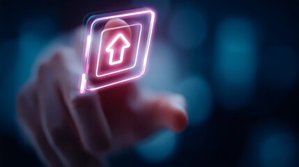 A close-up of a male hand pressing a glowing upload icon, symbolizing digital connectivity and innovation.