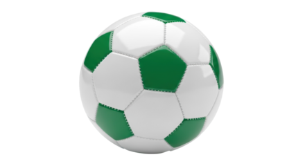 Green and white soccer ball PNG isolated on transparent background, sports equipment for games and recreation