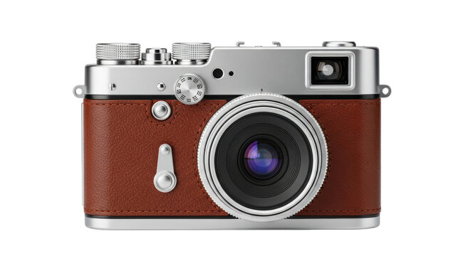Vintage rangefinder camera with brown leather isolated on transparent background, classic photography equipment for retro style