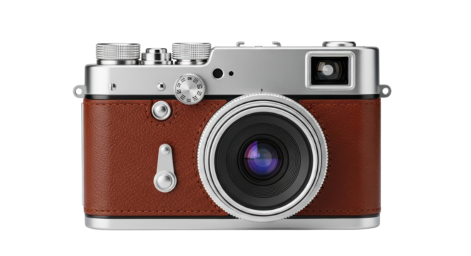 Vintage rangefinder camera with brown leather isolated on transparent background, classic photography equipment for retro style