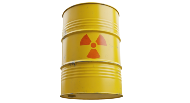 Yellow barrel with radiation symbol isolated PNG, radioactive waste container on transparent background, hazardous material storage for environmental safety
