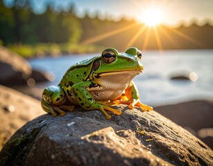 A green frog sits on a rock, basking in the sun's warm glow near water