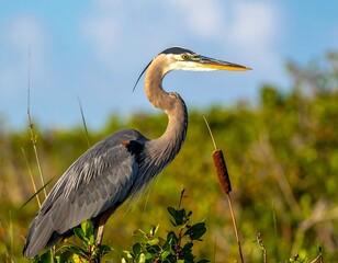 A majestic heron perched gracefully amidst verdant foliage