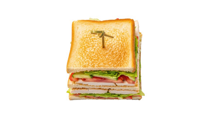 Delicious club sandwich isolated PNG, stacked with fresh ingredients and secured with a bamboo skewer for a tasty lunch or snack