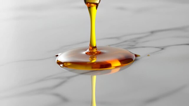 Close up of thick golden honey being poured onto a white marble surface with reflection, 4k video