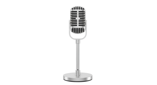 Vintage microphone PNG isolated on transparent background, classic silver retro mic for music recording and broadcasting