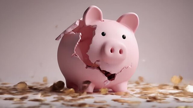 Broken piggy bank with scattered coins