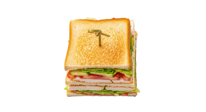 Delicious club sandwich isolated PNG, stacked with fresh ingredients and secured with a bamboo skewer for a tasty lunch or snack