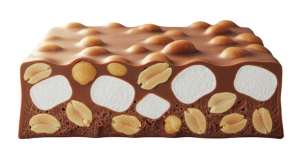Delicious rocky road chocolate bar isolated PNG, featuring peanuts and marshmallows, a sweet treat for dessert lovers on transparent background