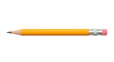 Yellow pencil with eraser PNG isolated on transparent background, writing instrument for school and office supplies