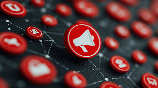 Red notification icons with a loudspeaker on a dark connected background.