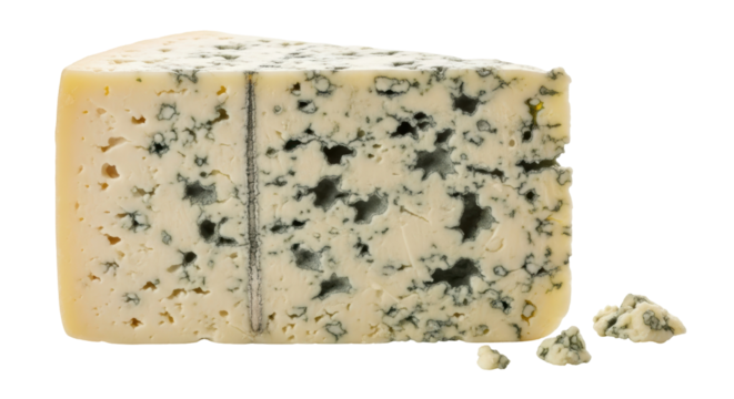 Wedge of blue cheese isolated PNG, moldy dairy product with blue veins on transparent background, gourmet food for cheese boards and appetizers