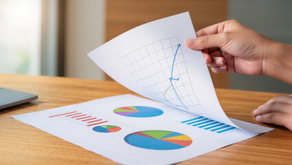 A hand flips printed pages with colorful charts and graphs on a wooden desk. Line charts, pie charts and bar graphs illustrate business analytics, financial reporting, and office data visualization