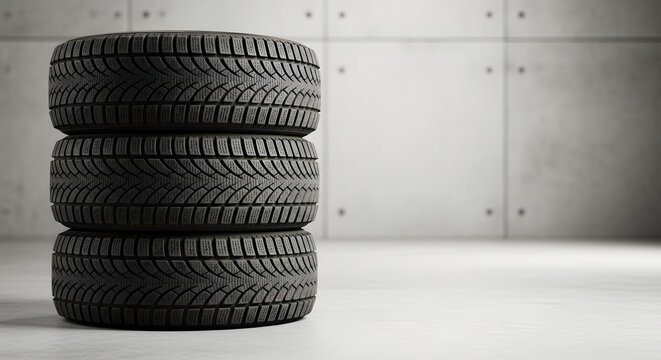 Freshly stacked winter tires with deep tread patterns against a modern concrete wall for seasonal automotive preparation concept and car safety - Powered by Adobe