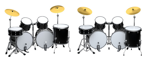 Set of realistic drums with metal cymbals or drumset on white background