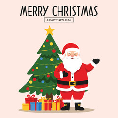 Waving Santa Claus Standing Next to a Christmas Tree, Merry Christmas and Happy New Year Vector Illustration Template, Holiday Greeting