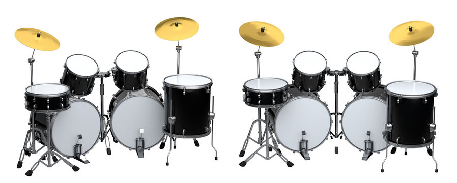 Set of realistic drums with metal cymbals or drumset on white background