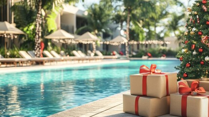 Festive holiday scene featuring beautifully wrapped red gift boxes beside a sparkling pool, adorned with Christmas decorations and lush tropical greenery