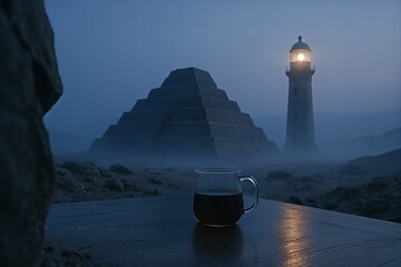 Misty night pyramid with coastal lighthouse