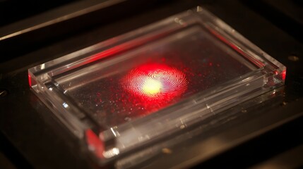 A close-up shot of a fingerprint scanner with a red light illuminating a detailed fingerprint pattern.