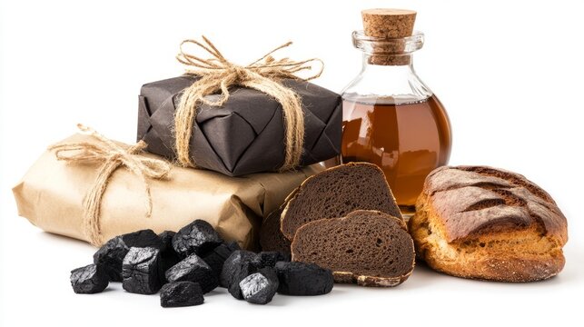 Assorted gourmet items including dark bread, decorative packages, and a glass bottle of syrup, arranged artistically for a culinary presentation and visual appeal